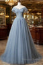 Grey-Blue Tulle Off Shoulder Beaded Long Prom Dresses Party Dresses, Long Evening Gowns