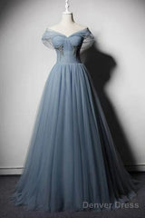 Grey-Blue Tulle Off Shoulder Beaded Long Prom Dress Party Dress, Long Evening Gowns