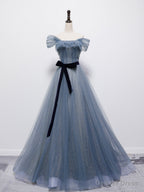 Grey Blue Tulle Off Shoulder Long Prom Dress with Bow, A Line Floor Length Prom Dresses