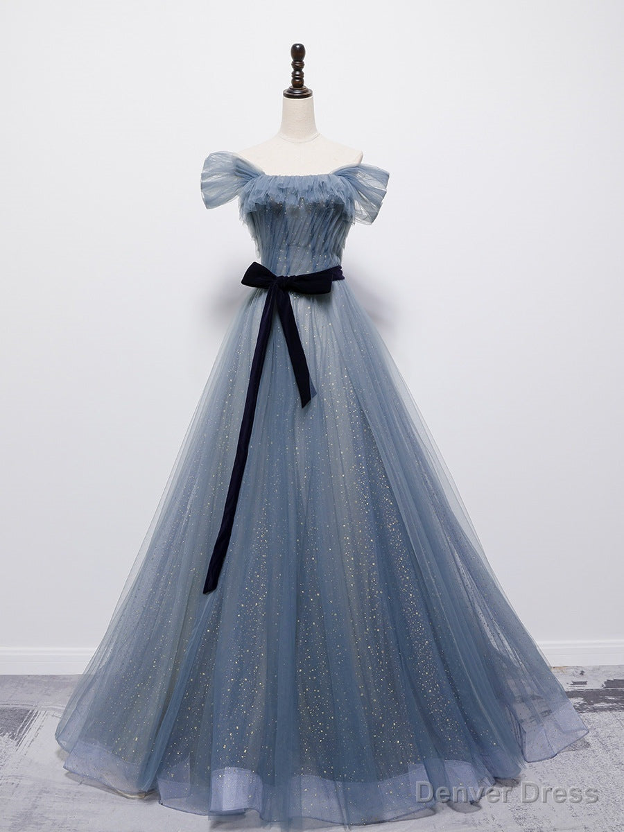 Grey Blue Tulle Off Shoulder Long Prom Dress with Bow, A Line Floor Length Prom Dresses