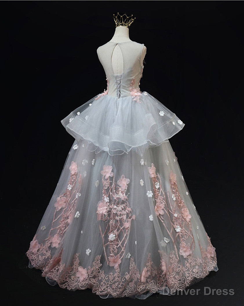 Grey Flowers Round Neckline Tulle with Lace Party Dress, Grey Sweet 16 Dress