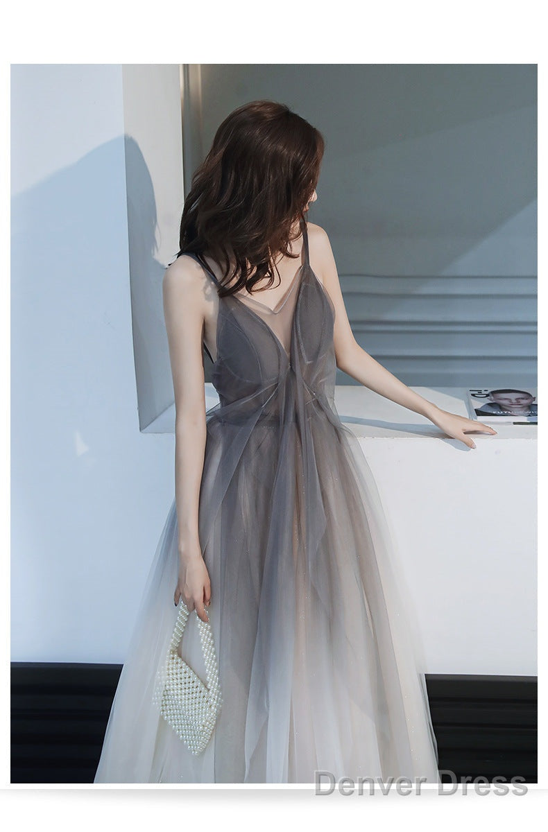 Grey Gradient Tulle V-Neckline Backless Sexy Formal Dress, Long Evening Dress Party Dresses