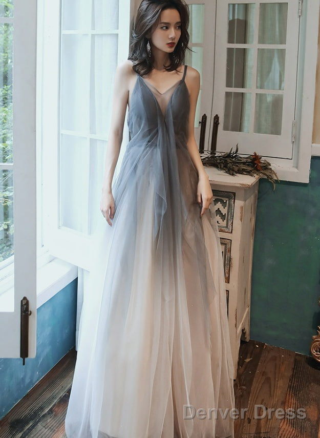 Grey Gradient Tulle V-Neckline Backless Sexy Prom Dress, Long Prom Dress