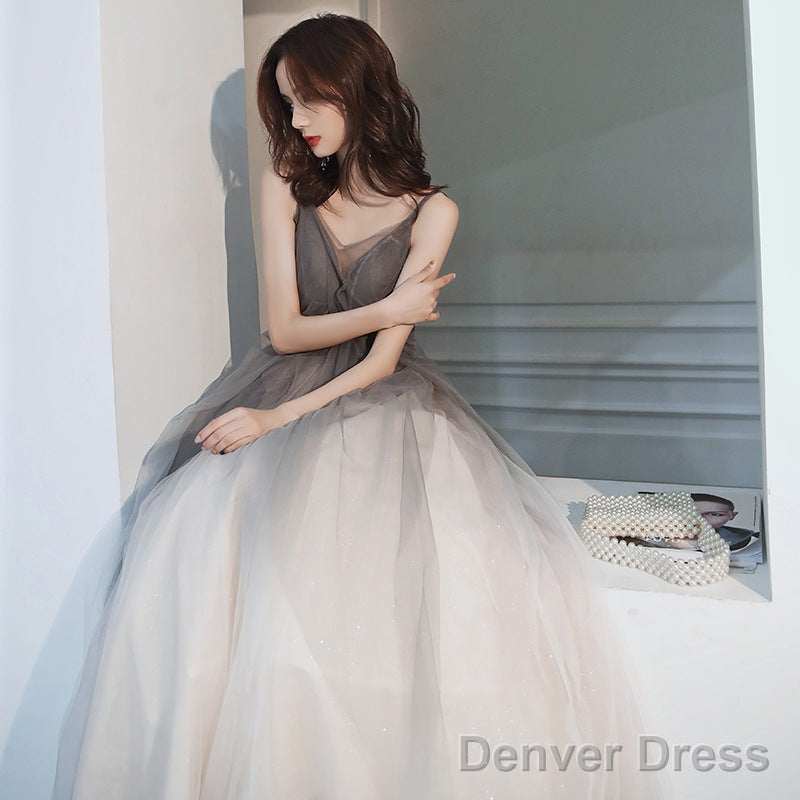 Grey Gradient Tulle V-Neckline Backless Sexy Formal Dress, Long Evening Dress Party Dresses