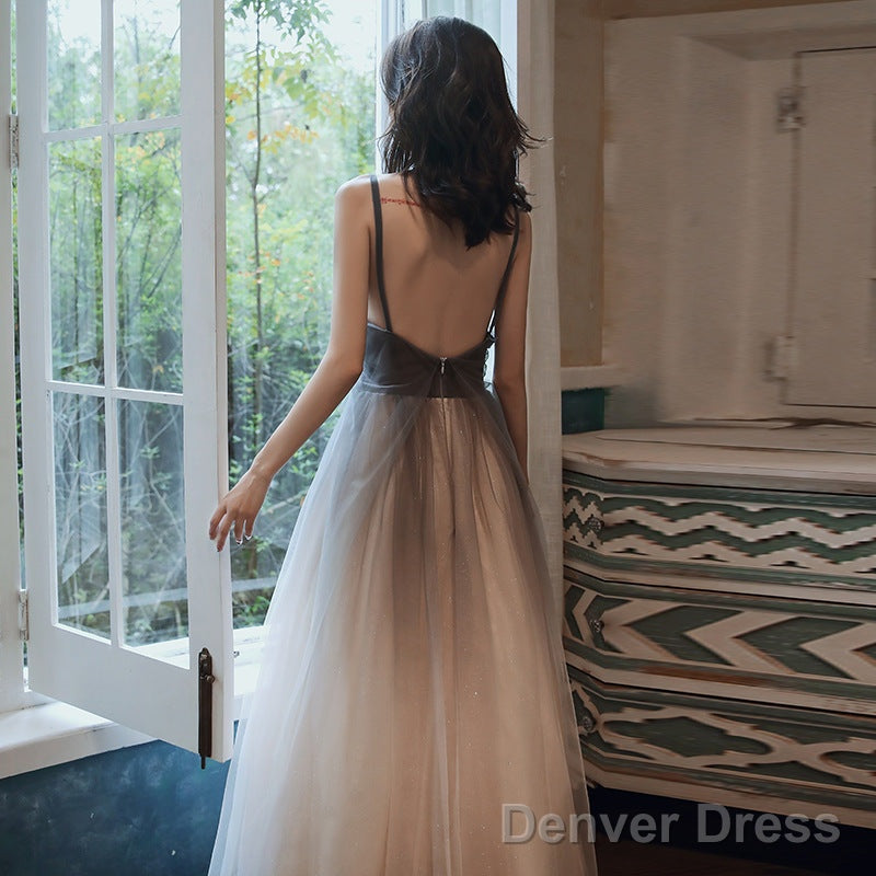 Grey Gradient Tulle V-Neckline Backless Sexy Formal Dress, Long Evening Dress Party Dresses