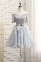 Grey Lace And Organza Homecoming Dress, Lovely Homecoming Dress , Short Prom Dresses