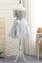 Grey Lace And Organza Homecoming Dress, Lovely Homecoming Dress , Short Prom Dresses