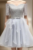 Grey Lace And Organza Homecoming Dresses, Lovely Homecoming Dresses , Short Prom Dresses