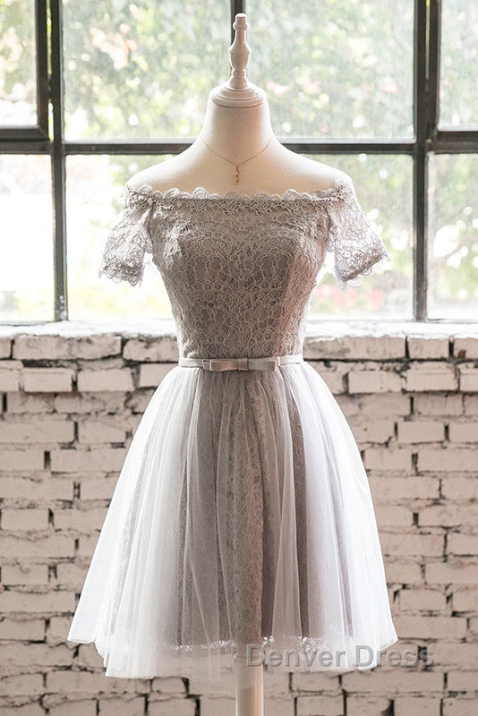 Grey Lace Tulle Short Sleeves Homecoming Dress Prom Dress, Light Grey Prom Dresses Secondary image