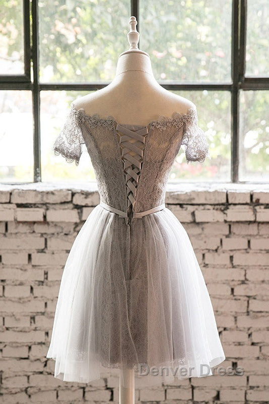 Grey Lace Tulle Short Sleeves Homecoming Dresses Party Dresses, Light Grey Formal Dresses