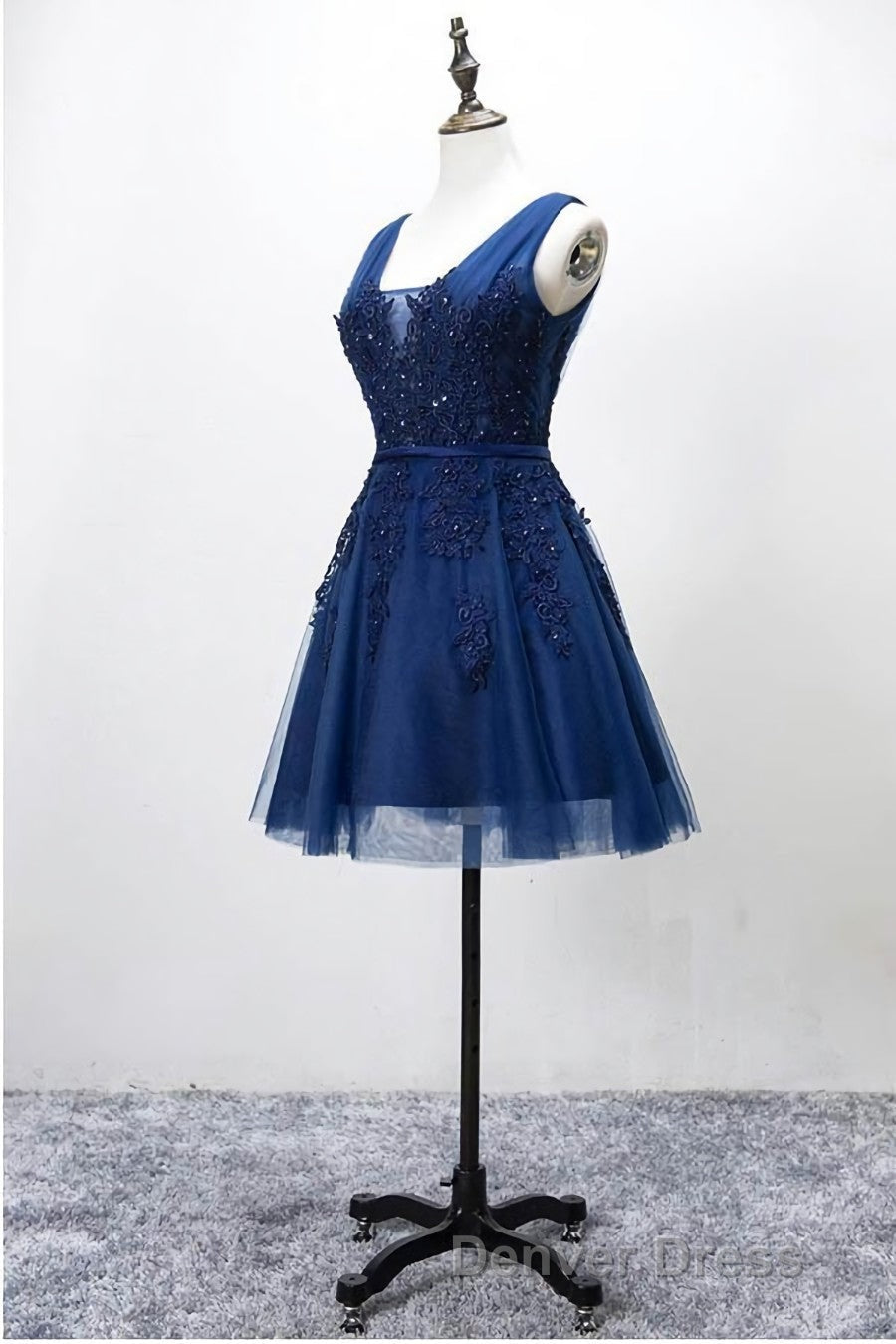 Grey Lace up Tulle Short Homecoming Dresses with Lace Appliques