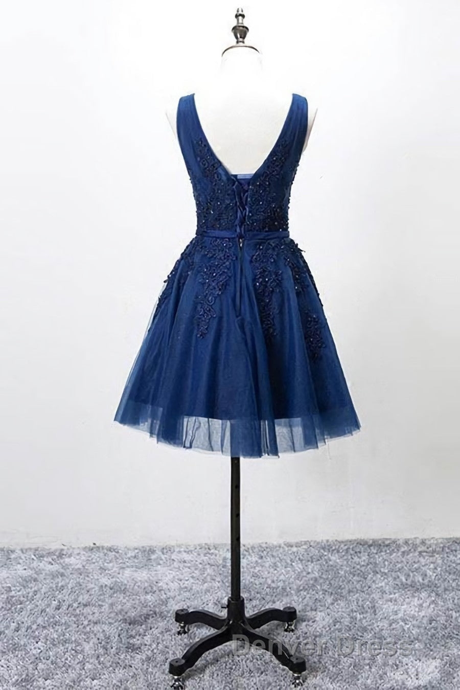 Grey Lace up Tulle Short Homecoming Dresses with Lace Appliques