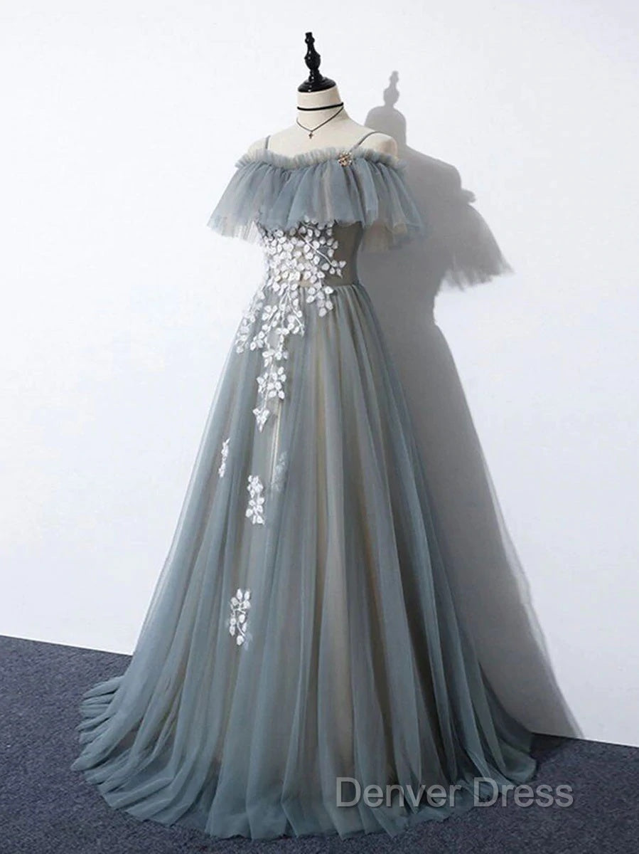 Grey Off Shoulder Straps Tulle With Lace Long Party Dresses, Grey Formal Dresses Secondary image