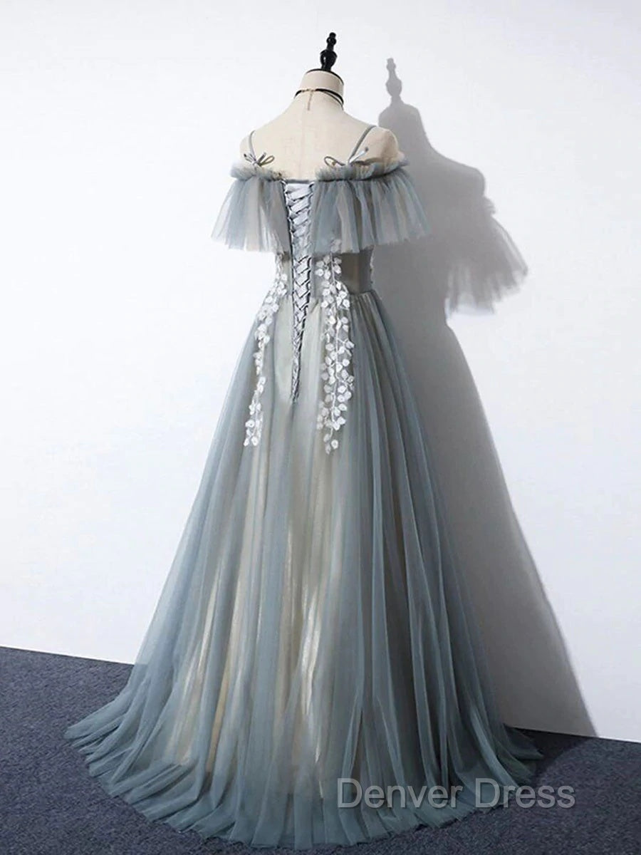Grey Off Shoulder Straps Tulle With Lace Long Prom Dress, Grey Prom Dresses