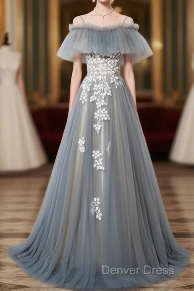 Grey Off Shoulder Straps Tulle With Lace Long Prom Dress, Grey Prom Dresses Main image