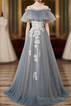 Grey Off Shoulder Straps Tulle With Lace Long Prom Dress, Grey Prom Dresses