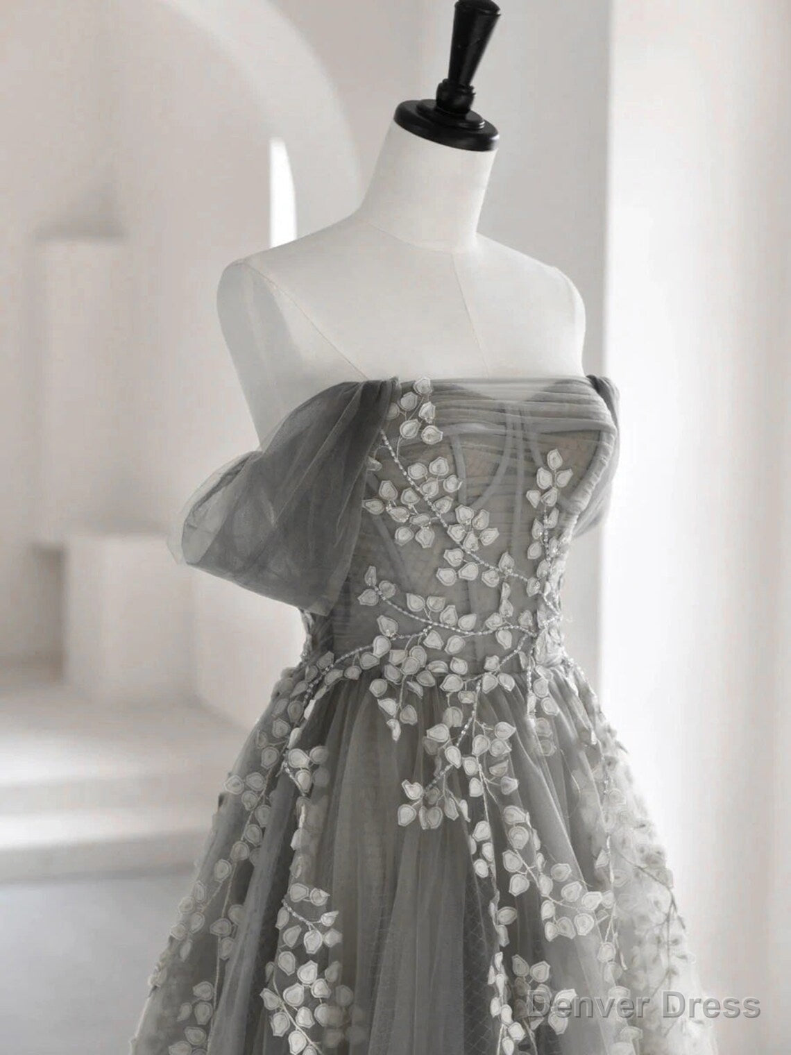 Grey Off Shoulder Tulle with Lace Applique Long Prom Dress,Grey Prom Dresses