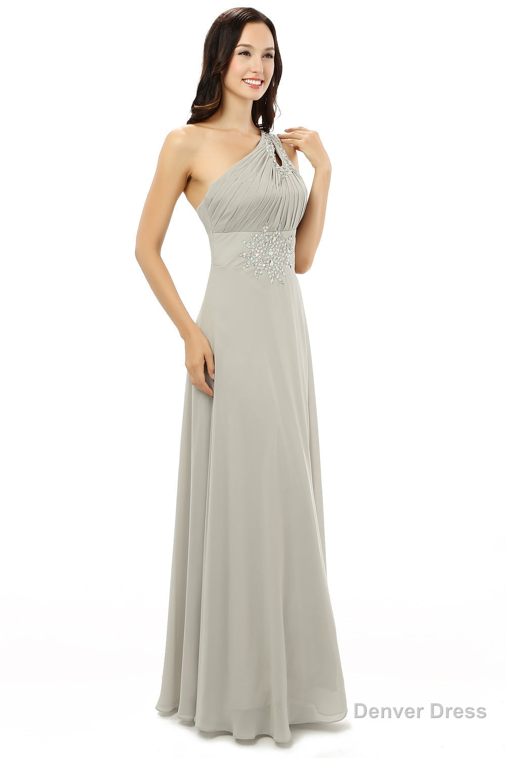 Grey One Shoulder Chiffon Pleats Beading Bridesmaid Dresses LG0254