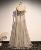 Grey One Shoulder Pearls Tulle Long Prom Dress, Light Grey Prom Dress