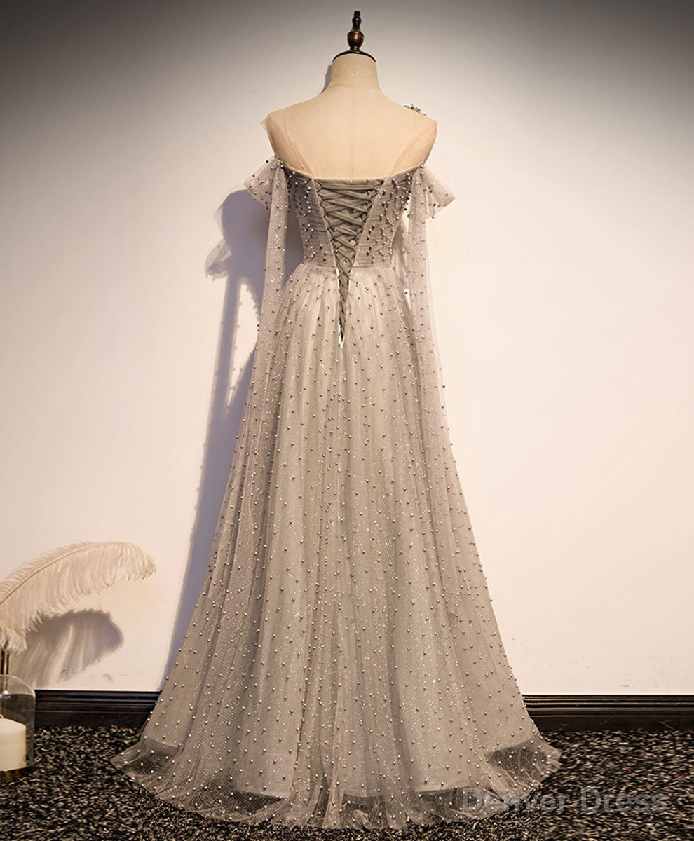 Grey One Shoulder Pearls Tulle Long Prom Dress, Light Grey Prom Dress