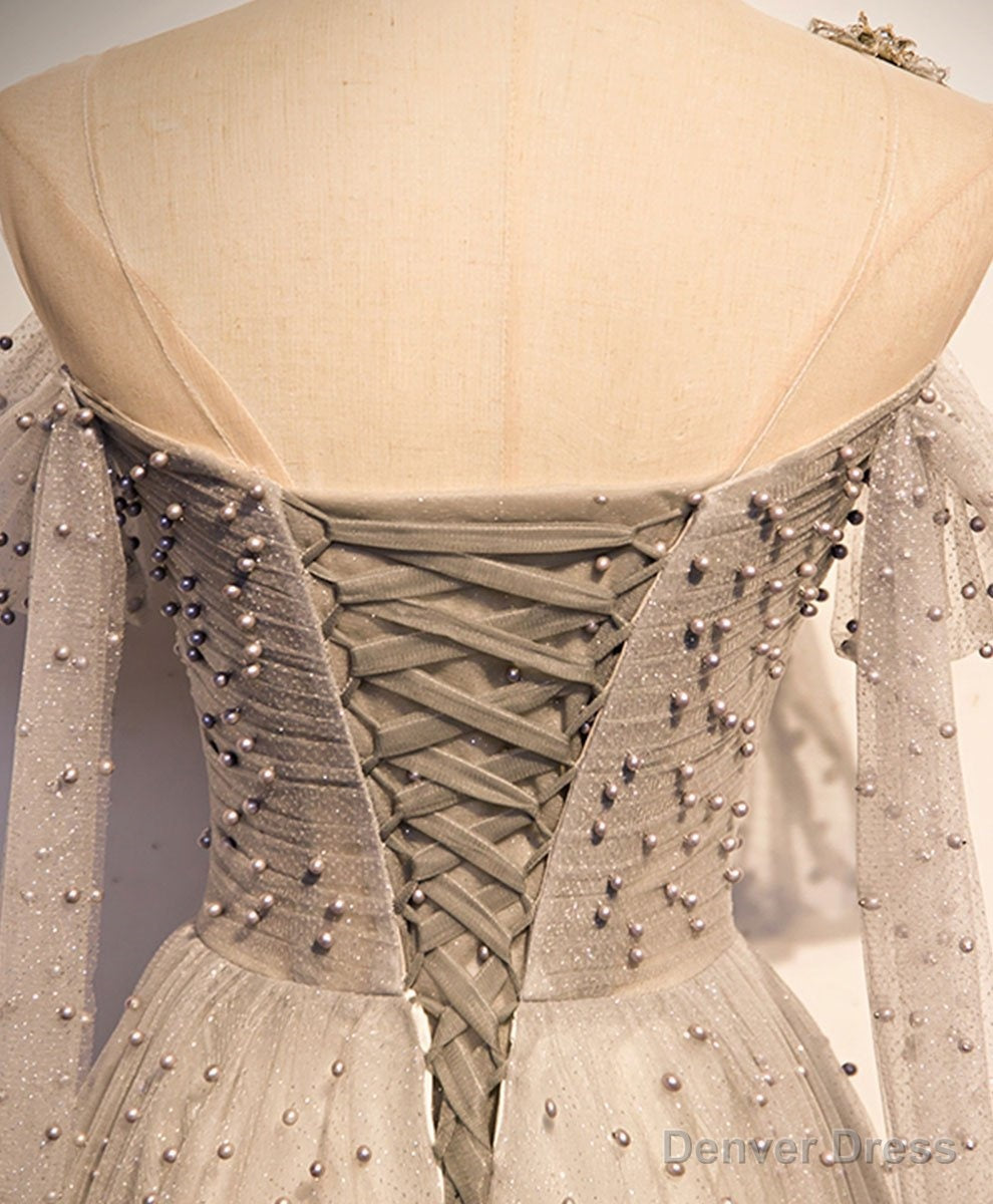 Grey One Shoulder Pearls Tulle Long Evening Dress, Light Grey Party Dress Formal Dress
