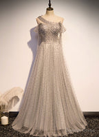 Grey One Shoulder Pearls Tulle Long Prom Dress, Light Grey Prom Dress