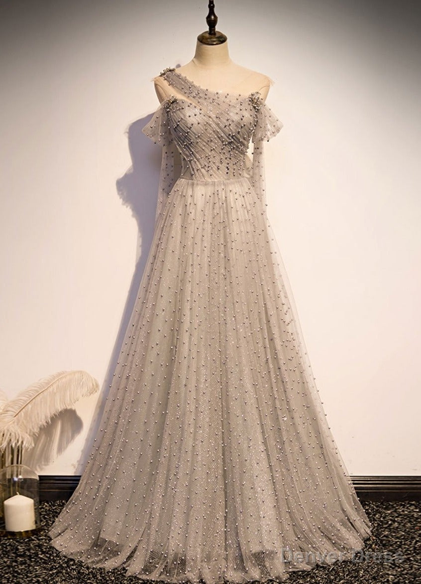 Grey One Shoulder Pearls Tulle Long Prom Dress, Light Grey Prom Dress