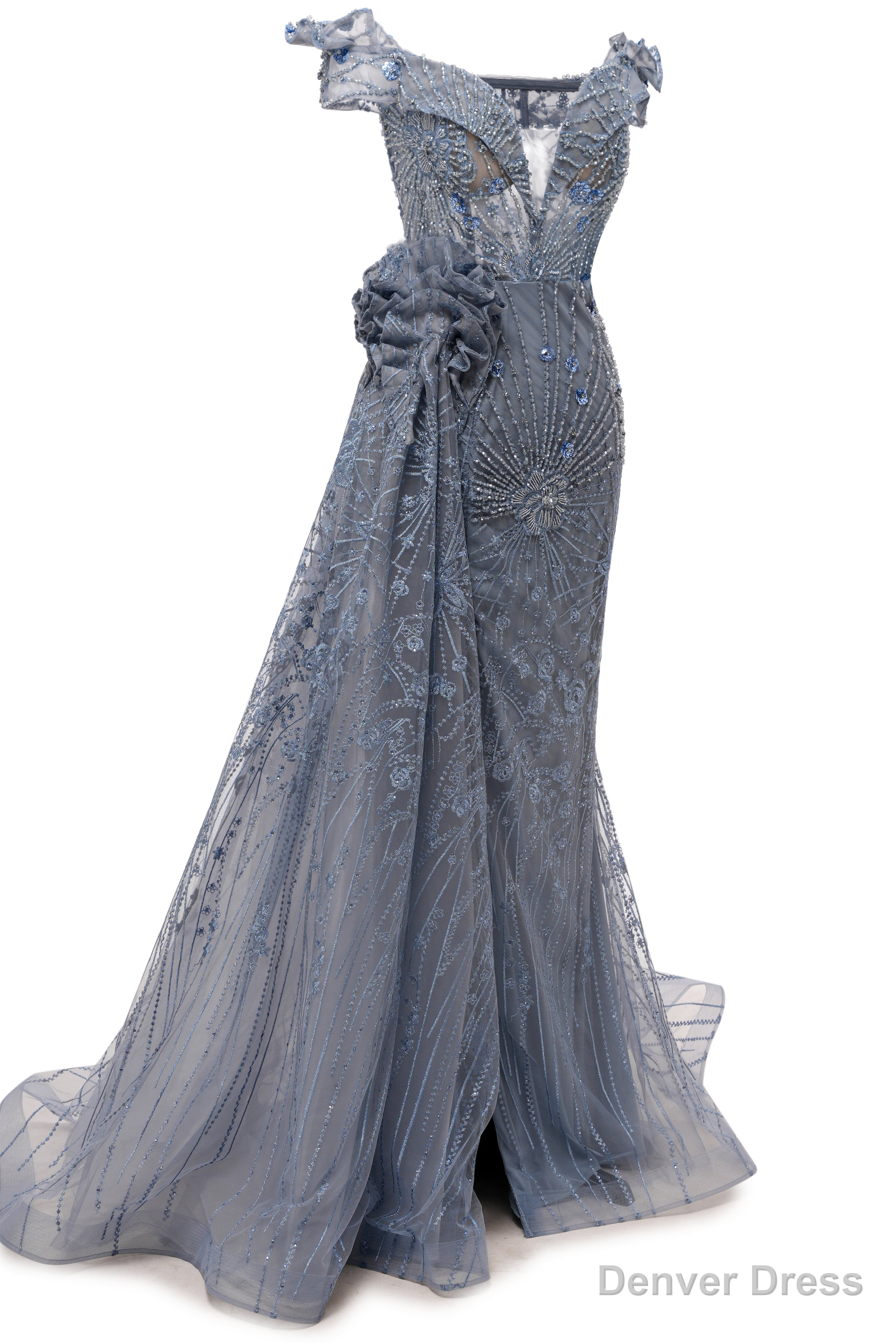 Grey Prom Dresses Mermaid Beading Tulle Off the Shoulder Women Evening Dresses