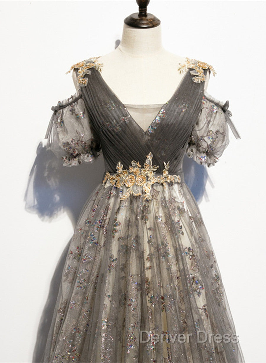 Grey Purple V-Neckline Tulle With Lace Prom Dresses, Off Shoulder A-Line Party Dresses Secondary image