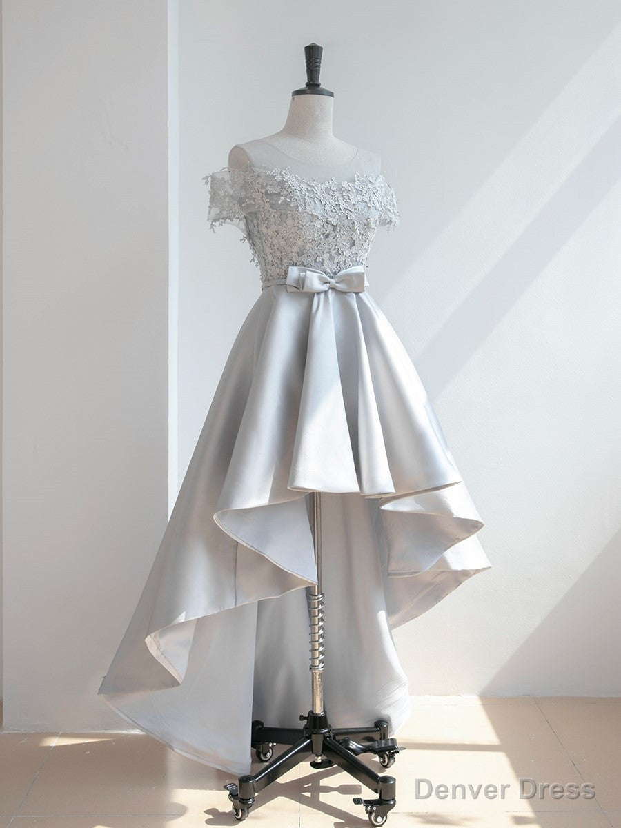 Grey Satin with Lace Off Shoulder High Low Homecoming Dress, Grey Prom Dress Main image
