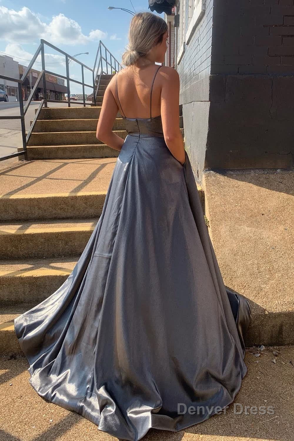Grey Spaghetti Straps Backless Long Prom Dresses with Pockets Secondary image