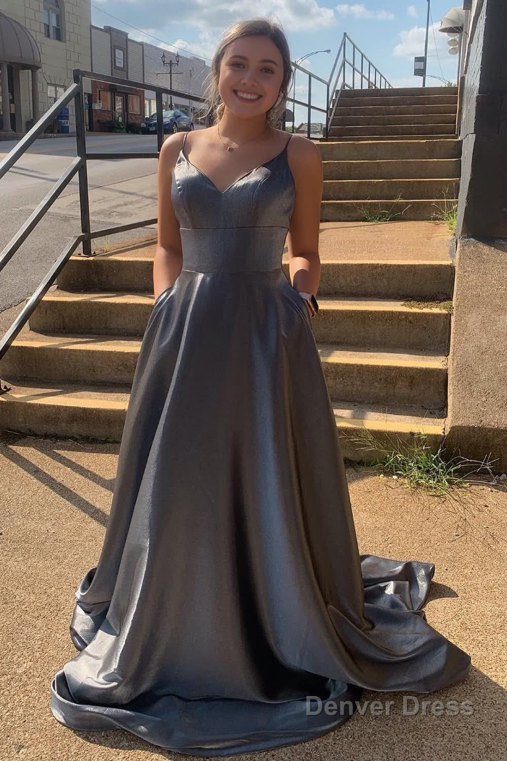 Grey Spaghetti Straps Backless Long Prom Dresses with Pockets Main image