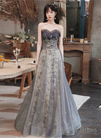 Grey Sweetheart A-Line Tulle With Lace Applique Party Dress, Grey Long Formal Dress