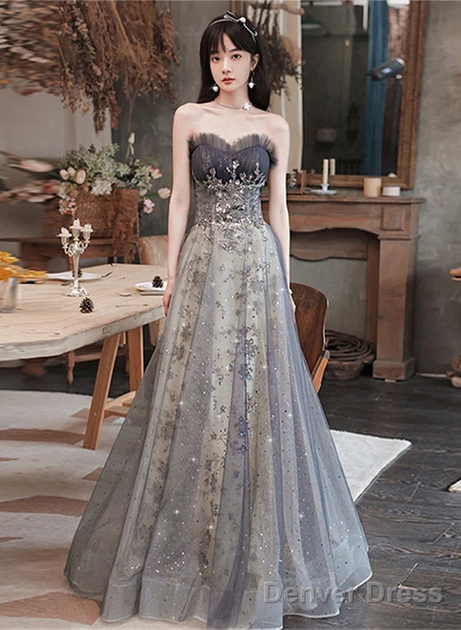 Grey Sweetheart A-Line Tulle With Lace Applique Party Dress, Grey Long Formal Dress