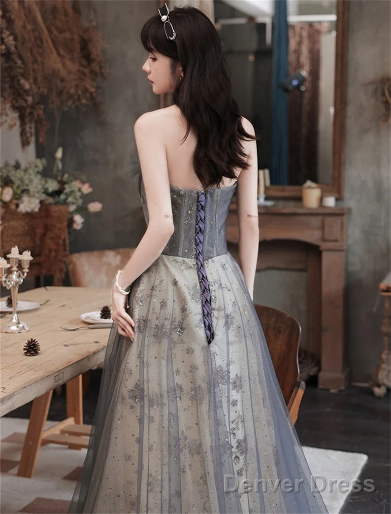 Grey Sweetheart A-Line Tulle With Lace Applique Party Dress, Grey Long Formal Dress