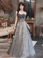 Grey Sweetheart A-Line Tulle With Lace Applique Prom Dress, Grey Long Prom Dresses