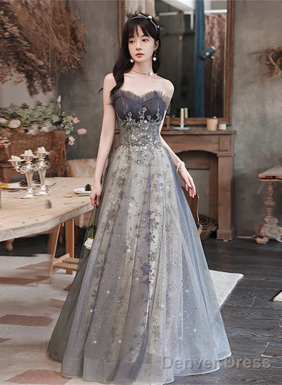 Grey Sweetheart A-Line Tulle With Lace Applique Prom Dress, Grey Long Prom Dresses