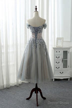 Grey Tea Length Prom Dress with Lace, Grey Bridesmaid Dresses