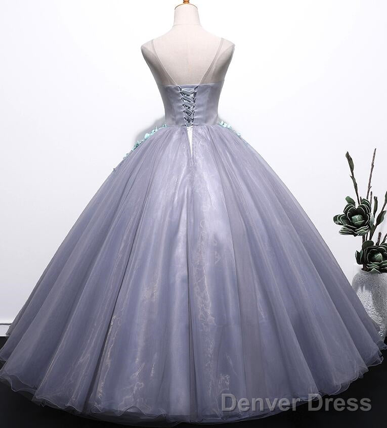 Grey Tulle Round Floor Length Gorgeous Sweet 16 Dresses, Princess Party Dress, Formal Gowns