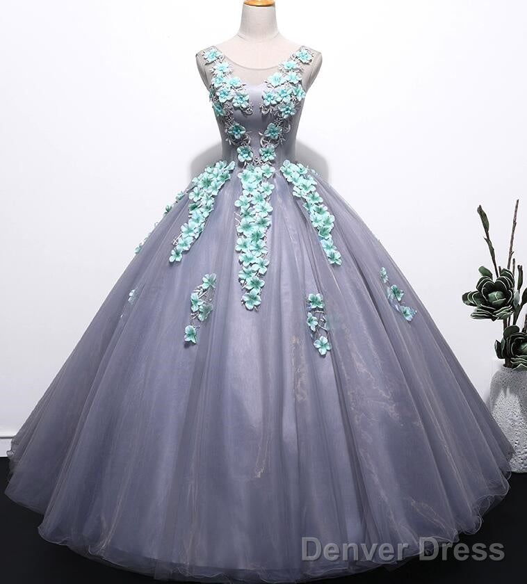 Grey Tulle Round Floor Length Gorgeous Sweet 16 Dress, Princess Prom Dresses, Prom Gown