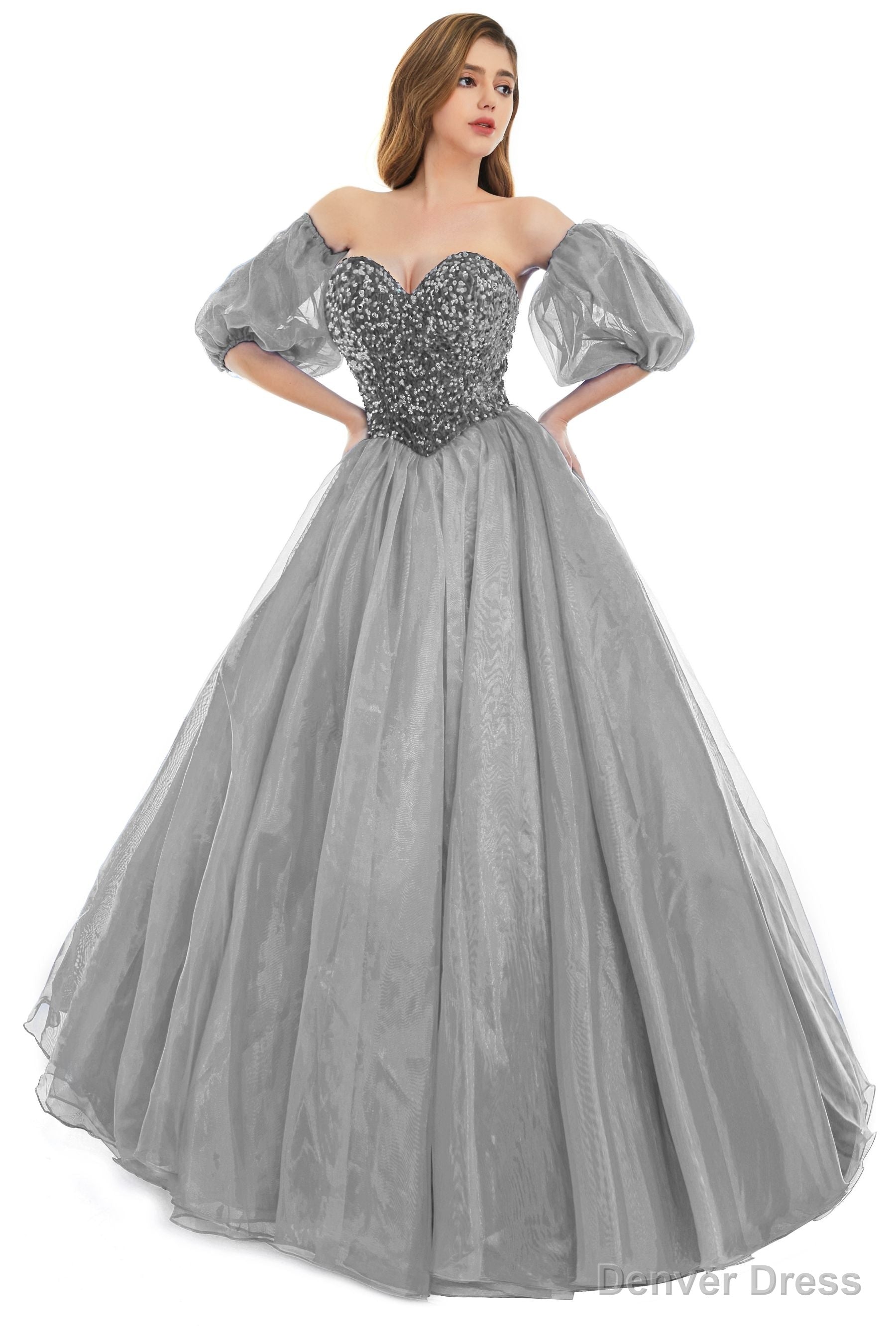 Grey Tulle Sequins Sweetheart Prom Dress Spaghetti Straps Prom Quinceanera Dresses Secondary image