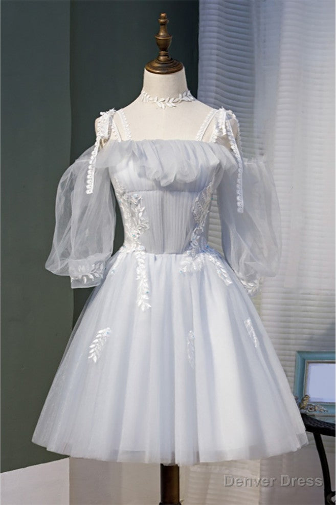 Grey Tulle Short Homecoming Dresses with Appliques Sleeves Main image