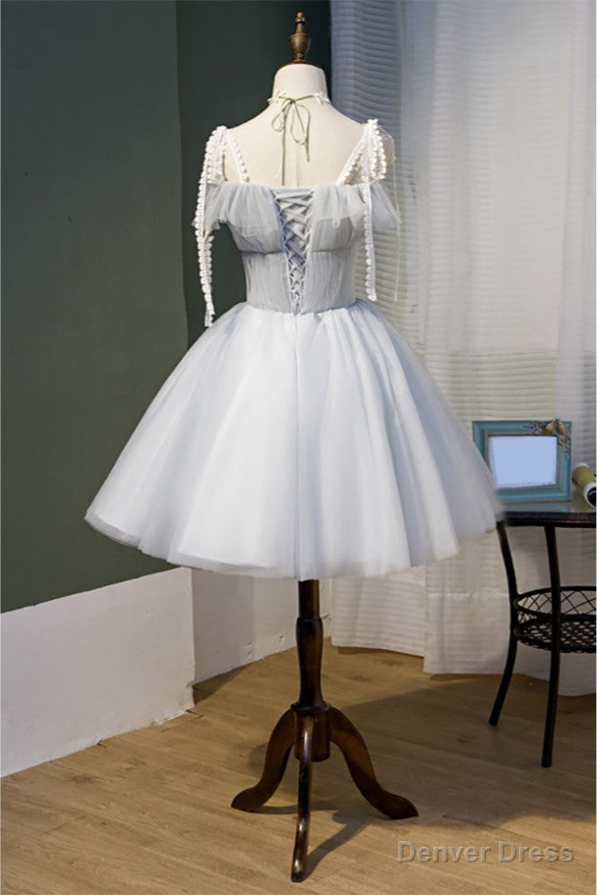 Grey Tulle Short Homecoming Dresses with Appliques Sleeves Secondary image