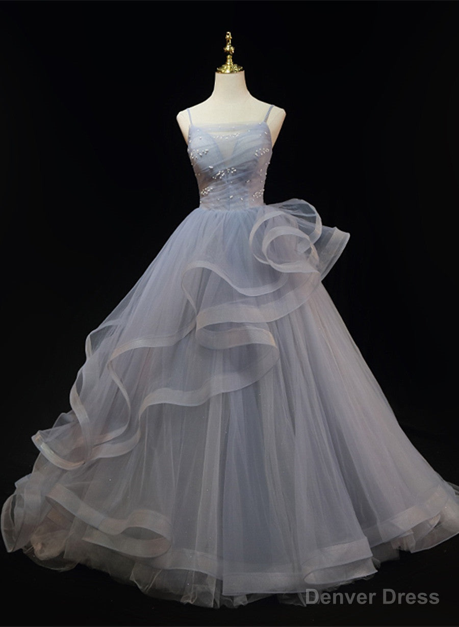 Grey Tulle Straps Layers Long Prom Dress Prom Dress, Grey Ball Gowns Prom Dresses Main image