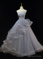 Grey Tulle Straps Layers Long Prom Dress Prom Dress, Grey Ball Gowns Prom Dresses