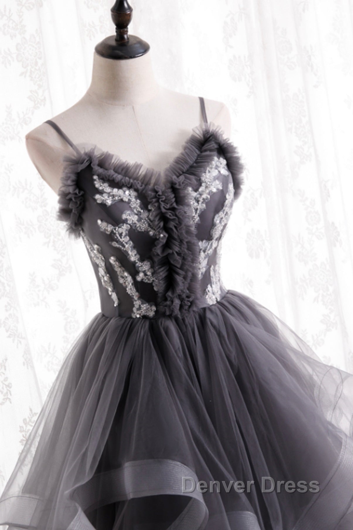 Grey Tulle Sweetheart Long Party Dresses With Lace Applique, Grey Long Prom Dresses Secondary image