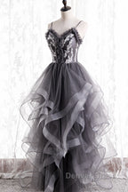 Grey Tulle Sweetheart Long Party Dresses With Lace Applique, Grey Long Prom Dresses