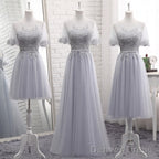 Grey Tulle With Lovely Lace Applique Wedding Party Dress, Grey Tulle A-Line Prom Dress Formal Dress