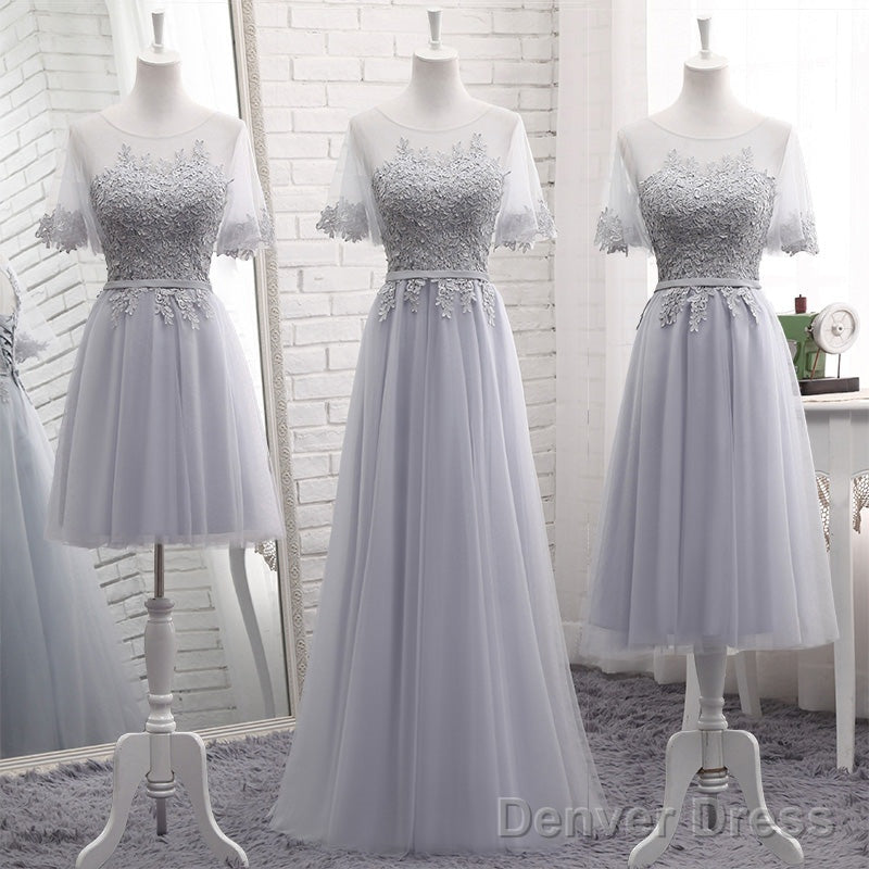 Grey Tulle With Lovely Lace Applique Wedding Party Dress, Grey Tulle A-Line Prom Dress Formal Dress