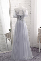 Grey Tulle With Lovely Lace Applique Wedding Party Dress, Grey Tulle A-Line Prom Dress Formal Dress